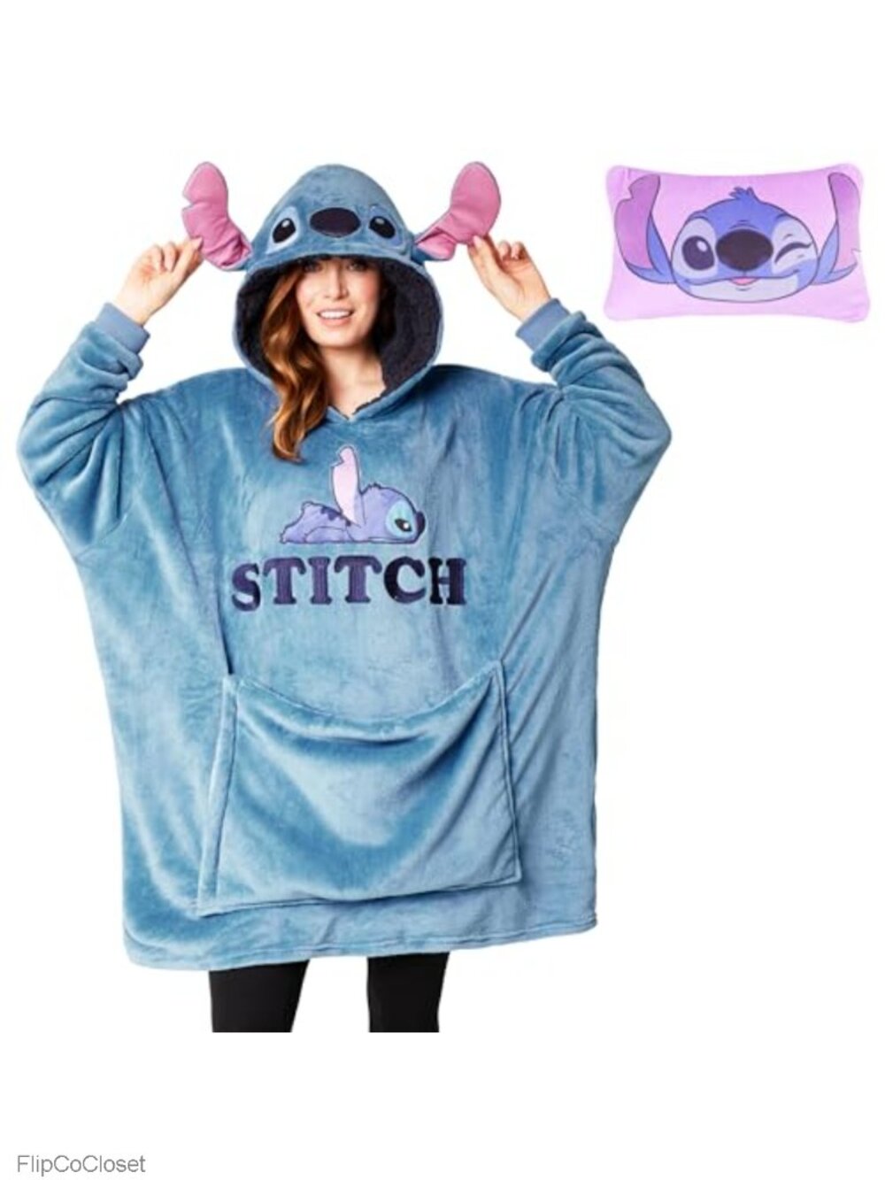 Disney Stitch Fleece Blanket Hoodie 2 in 1 Oversized Travel Pillow